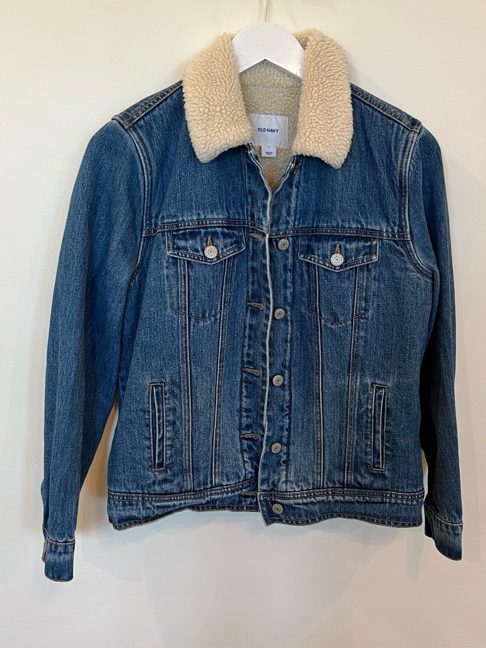 Old Navy Sherpa Lined Denim Jacket Blue Womens Small Chore Trucker Fall Collar